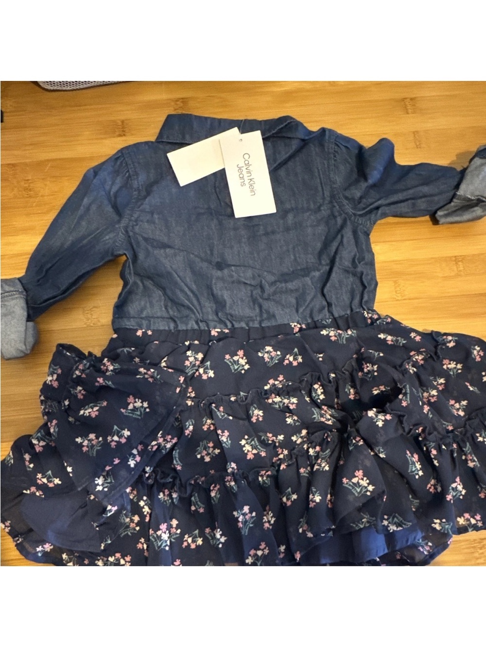 Calvin Klein Jeans Girls Navy Floral Ruffle Denim-Style Dress